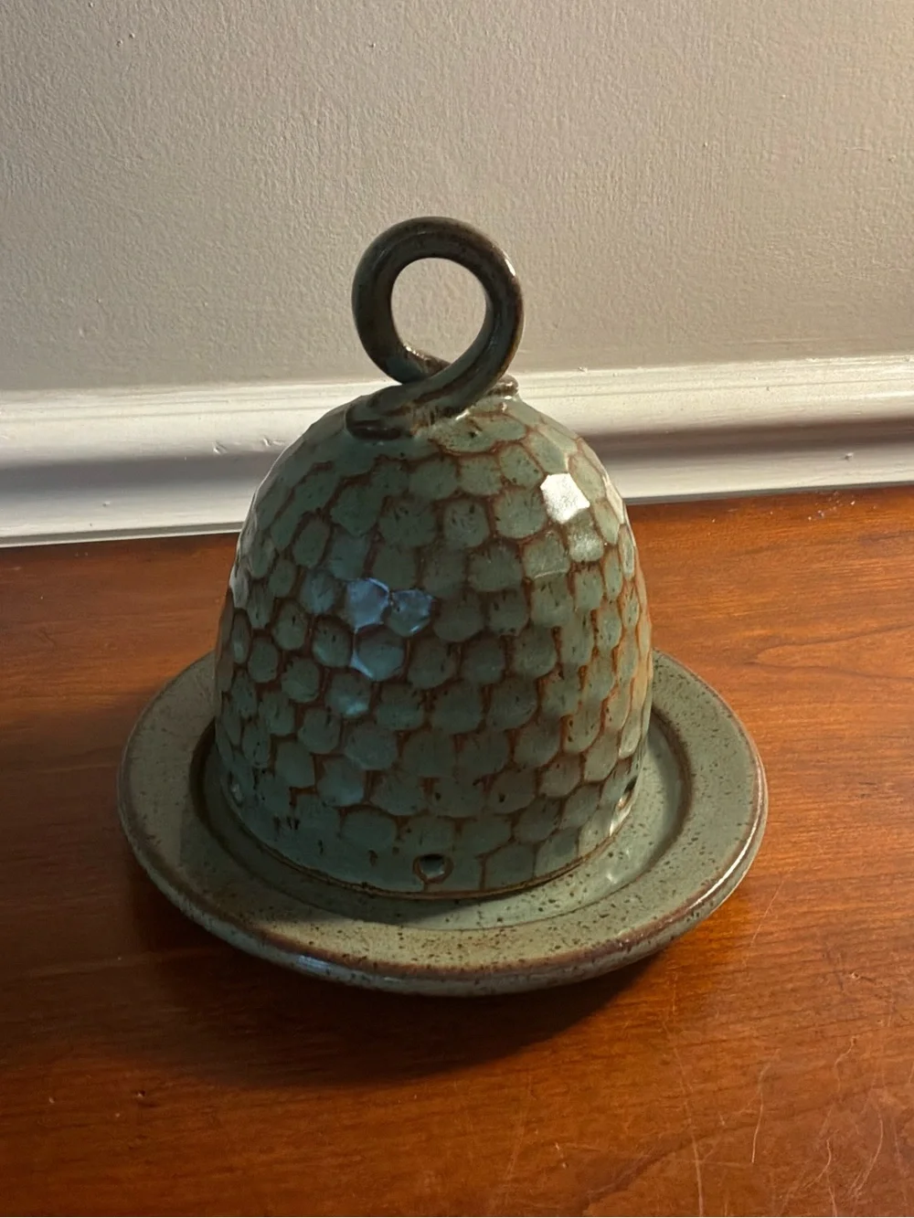 Green and Brown  Honeycomb Ceramic Butter Bell Dish Handmade